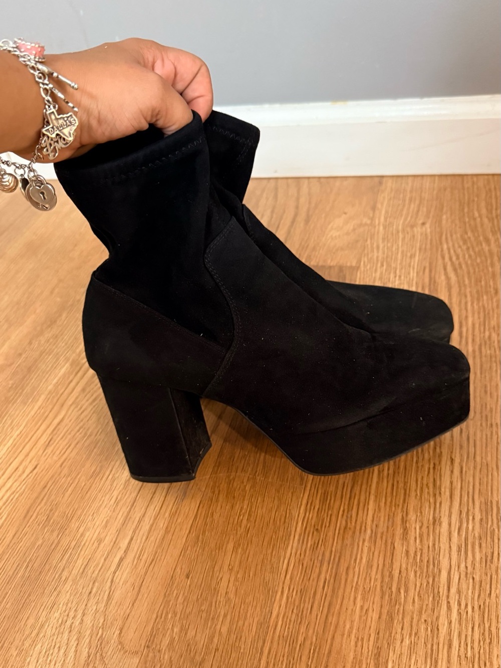 Divided Black Suede Platform Block Heel Ankle Boots